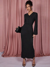 COSMINA Women's Solid Color V-Neck Lantern Sleeve Fitted Elegant Dress